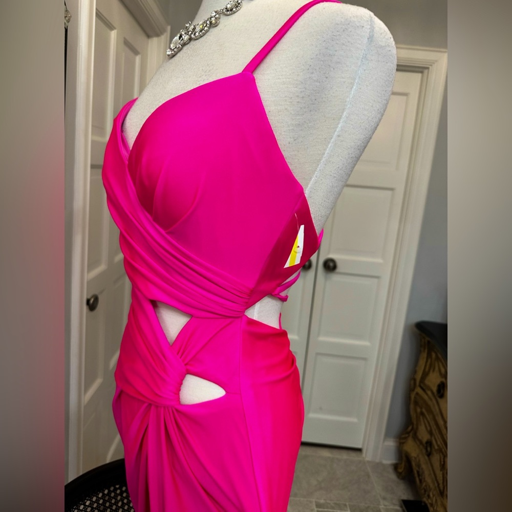 New La Femme Hot Pink Cut Out Cocktail Prom Gala Wedding Party Hi Slit Gown - Picture 13 of 17